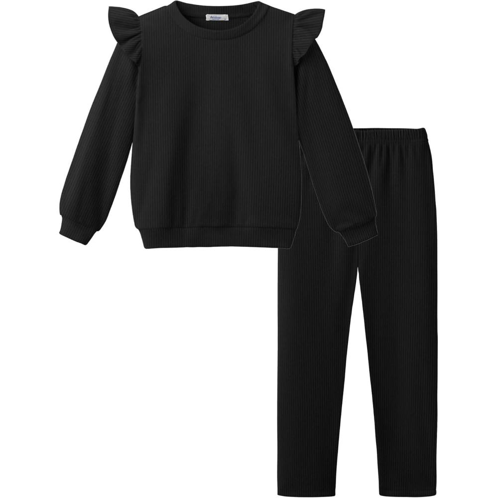 imageArshiner Toddler Girls Clothes 2 Piece Outfits Ruffle Trim Long Sleeve Pullover Sweatshirts and Leggings Fall Clothing SetsBlack