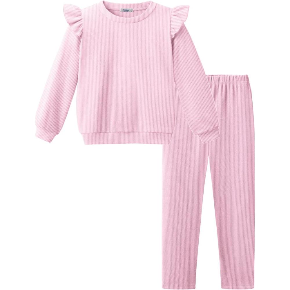imageArshiner Toddler Girls Clothes 2 Piece Outfits Ruffle Trim Long Sleeve Pullover Sweatshirts and Leggings Fall Clothing SetsDark Pink