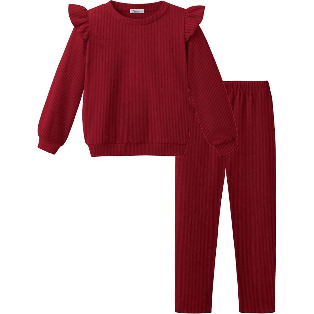 imageArshiner Toddler Girls Clothes 2 Piece Outfits Ruffle Trim Long Sleeve Pullover Sweatshirts and Leggings Fall Clothing SetsDark Red