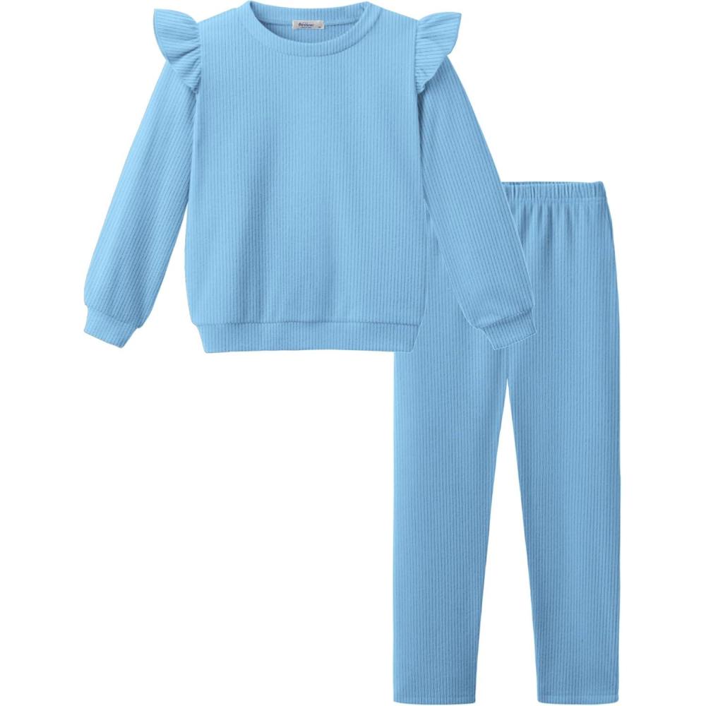 imageArshiner Toddler Girls Clothes 2 Piece Outfits Ruffle Trim Long Sleeve Pullover Sweatshirts and Leggings Fall Clothing SetsLight Blue