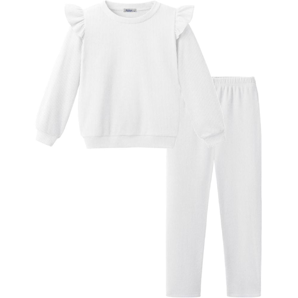 imageArshiner Toddler Girls Clothes 2 Piece Outfits Ruffle Trim Long Sleeve Pullover Sweatshirts and Leggings Fall Clothing SetsWhite