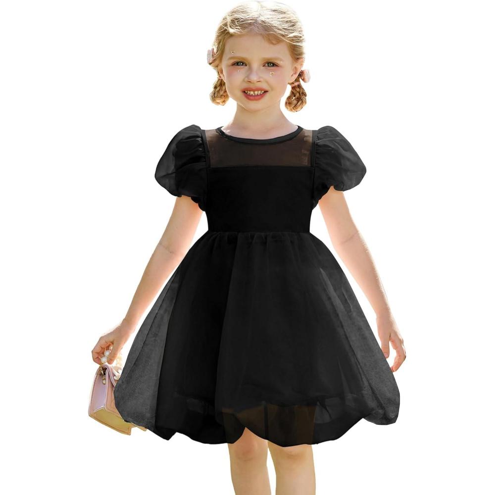 imageArshiner Toddler Girls Dress Contrast Mesh Puff Short Sleeve Flowy Bubble Hem Organza Casual Party Dresses Size 26Black