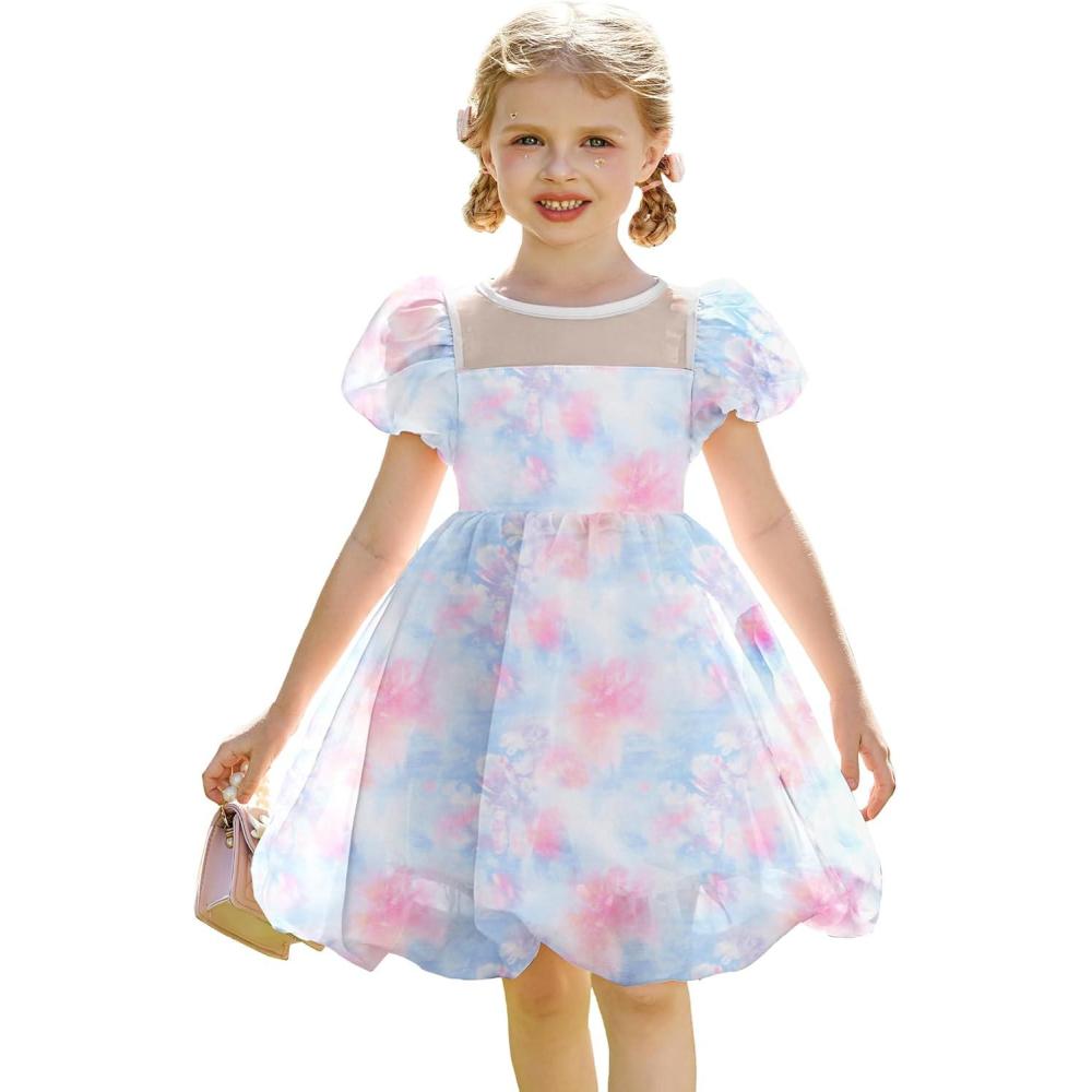 imageArshiner Toddler Girls Dress Contrast Mesh Puff Short Sleeve Flowy Bubble Hem Organza Casual Party Dresses Size 26Blue Pink Tie Dye