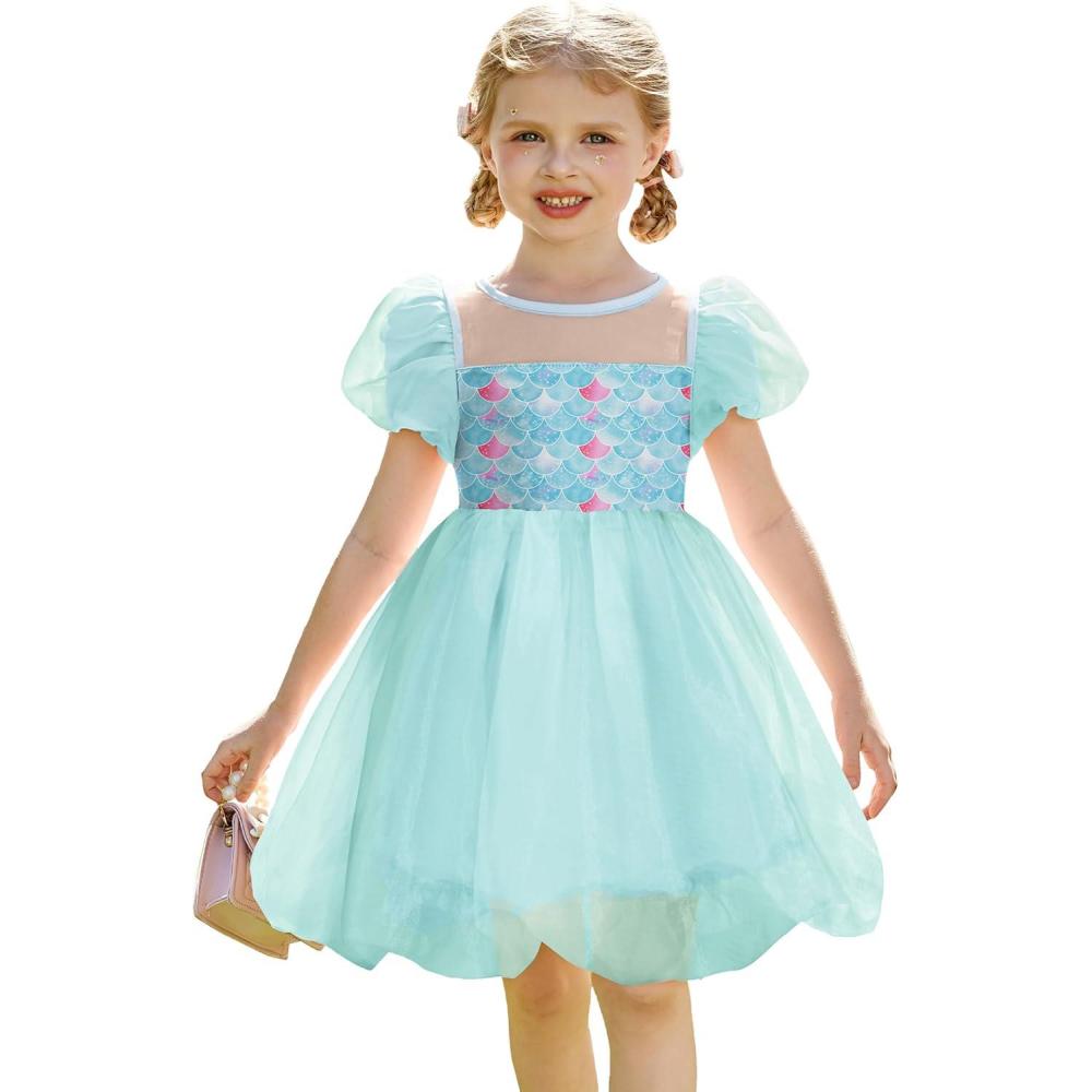 imageArshiner Toddler Girls Dress Contrast Mesh Puff Short Sleeve Flowy Bubble Hem Organza Casual Party Dresses Size 26Green Scale