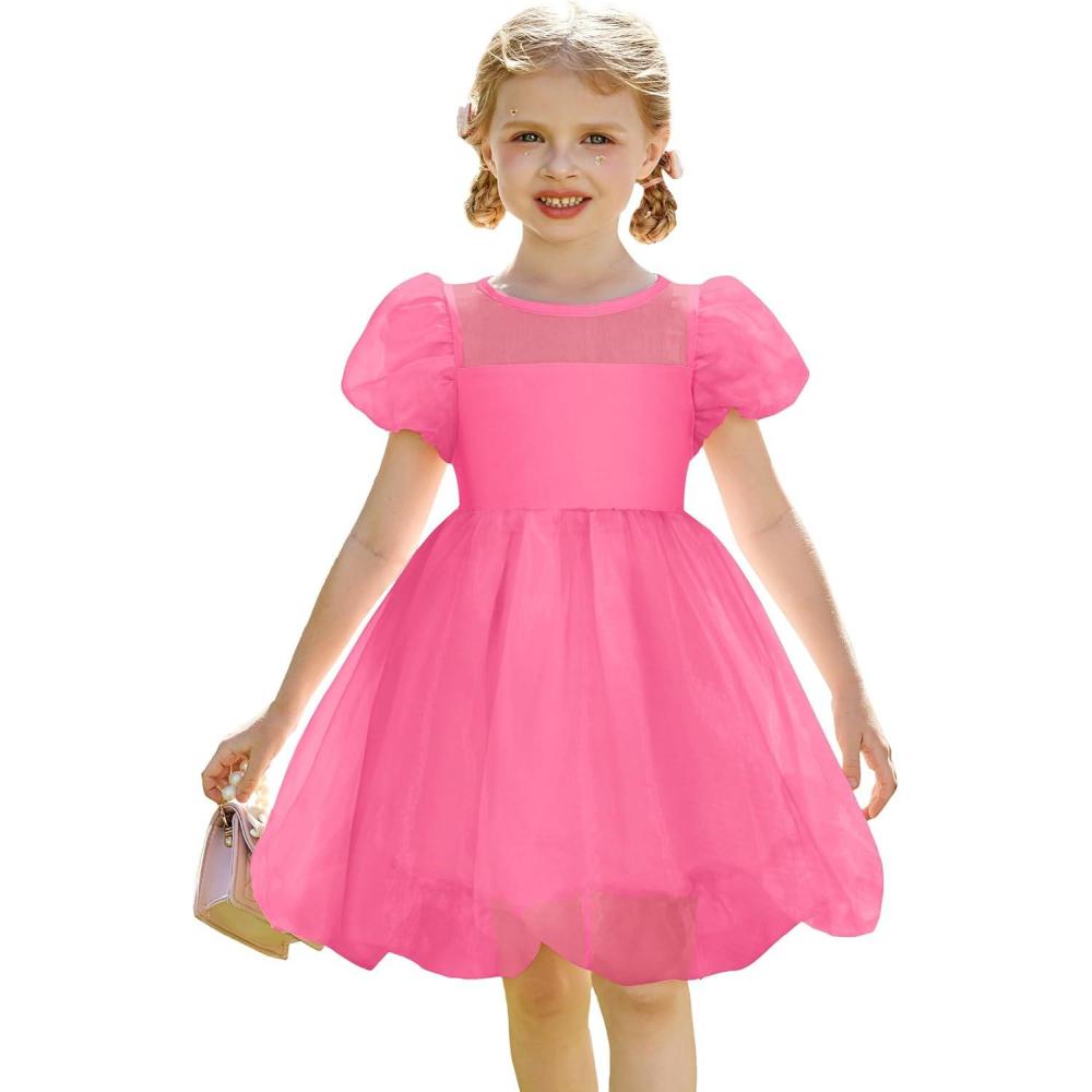 imageArshiner Toddler Girls Dress Contrast Mesh Puff Short Sleeve Flowy Bubble Hem Organza Casual Party Dresses Size 26Hot Pink