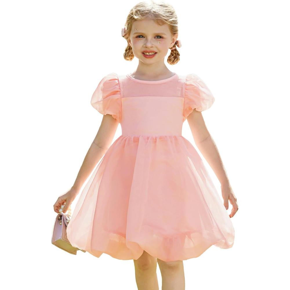 imageArshiner Toddler Girls Dress Contrast Mesh Puff Short Sleeve Flowy Bubble Hem Organza Casual Party Dresses Size 26Light Pink
