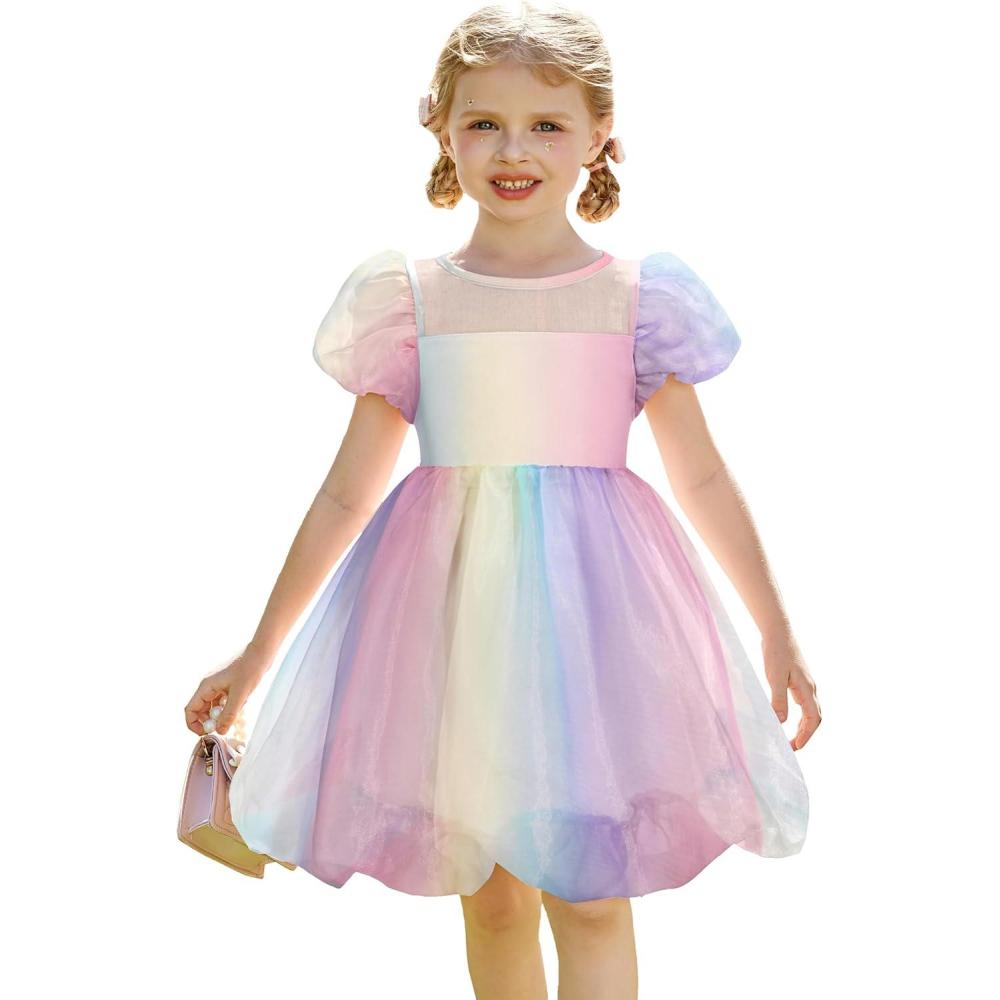imageArshiner Toddler Girls Dress Contrast Mesh Puff Short Sleeve Flowy Bubble Hem Organza Casual Party Dresses Size 26Pastel Rainbow