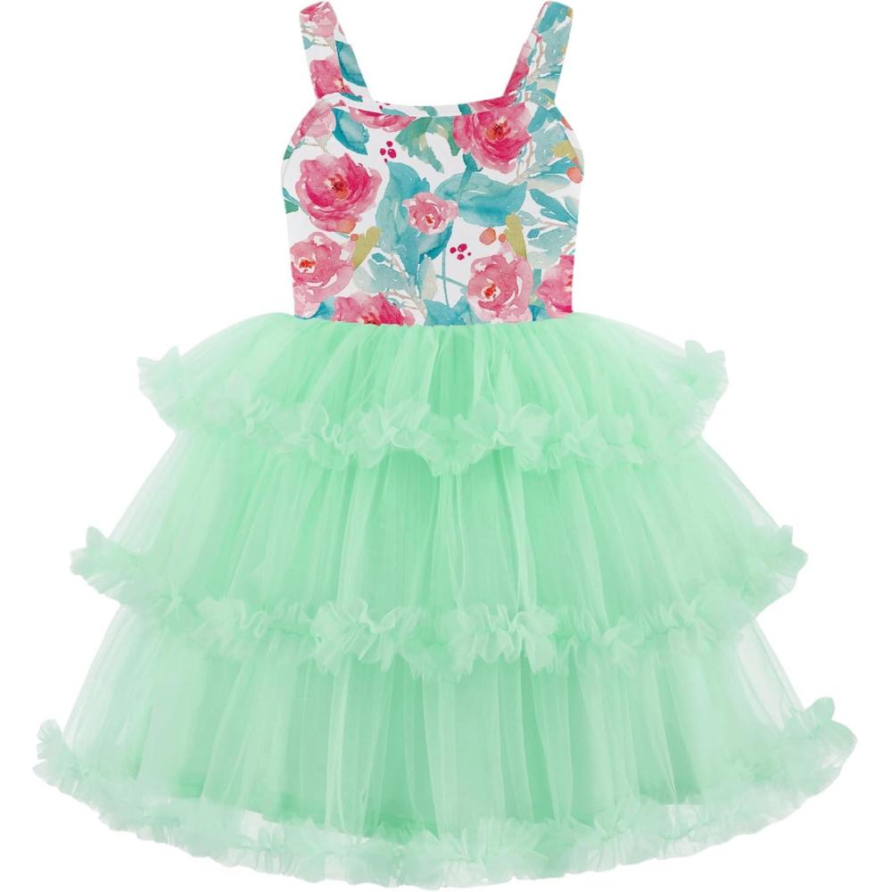 imageArshiner Toddler Girls Tulle Dress Tiered Ruffle Fluffy Spaghetti Straps Tutu Dresses Summer Clothes 28 YearsLight Green Flower