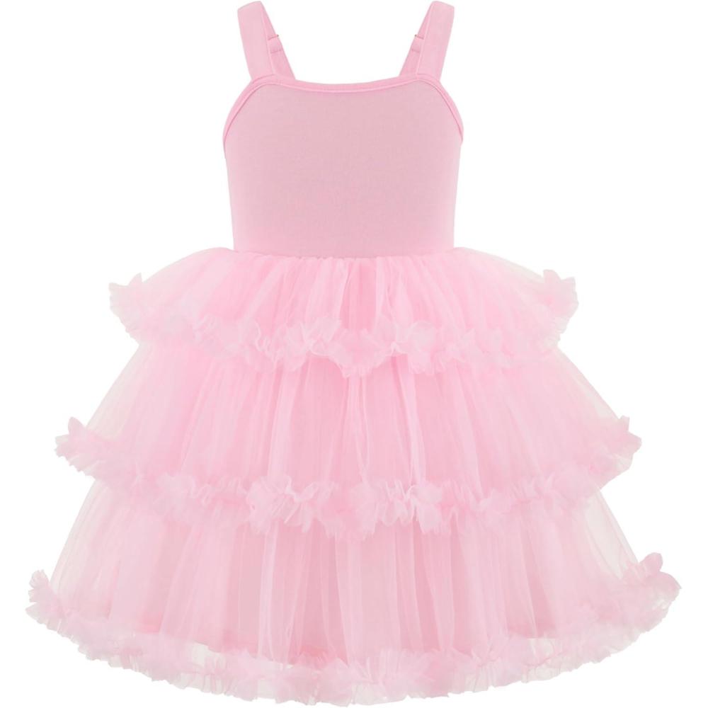 imageArshiner Toddler Girls Tulle Dress Tiered Ruffle Fluffy Spaghetti Straps Tutu Dresses Summer Clothes 28 YearsPink