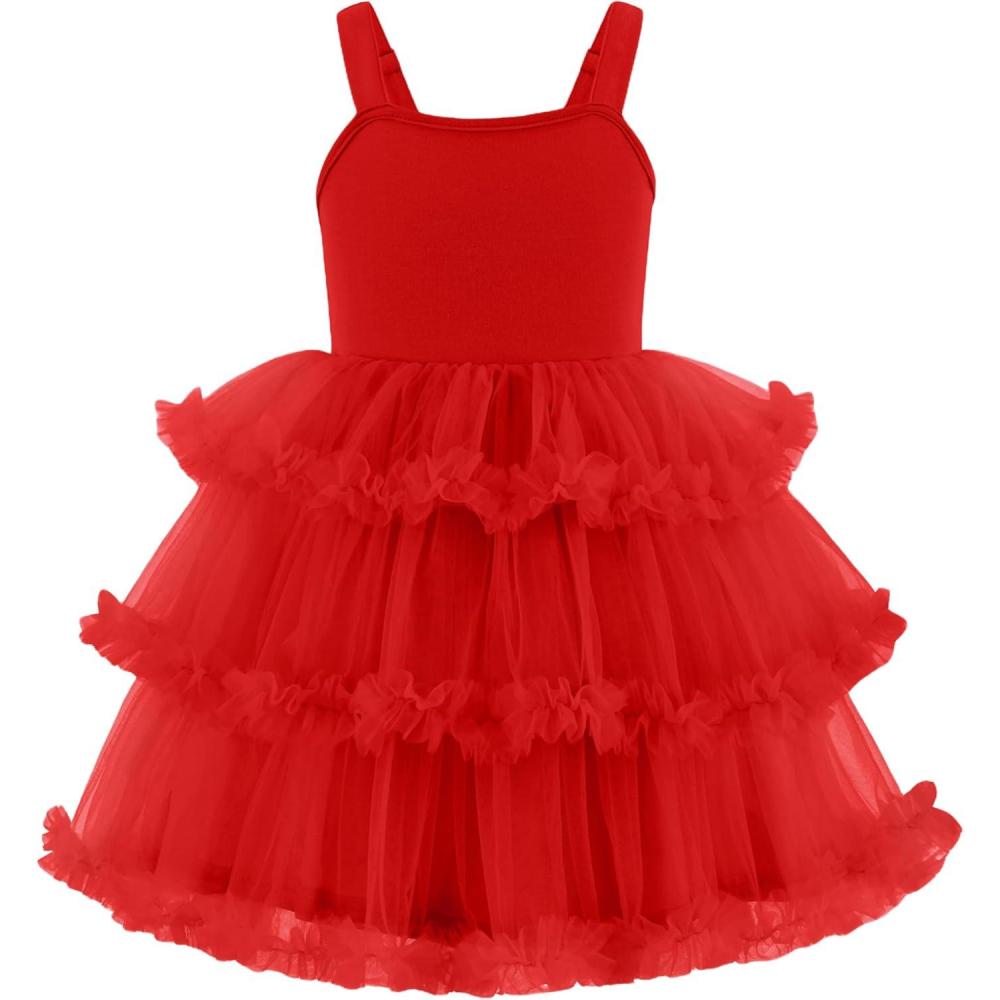 imageArshiner Toddler Girls Tulle Dress Tiered Ruffle Fluffy Spaghetti Straps Tutu Dresses Summer Clothes 28 YearsRed