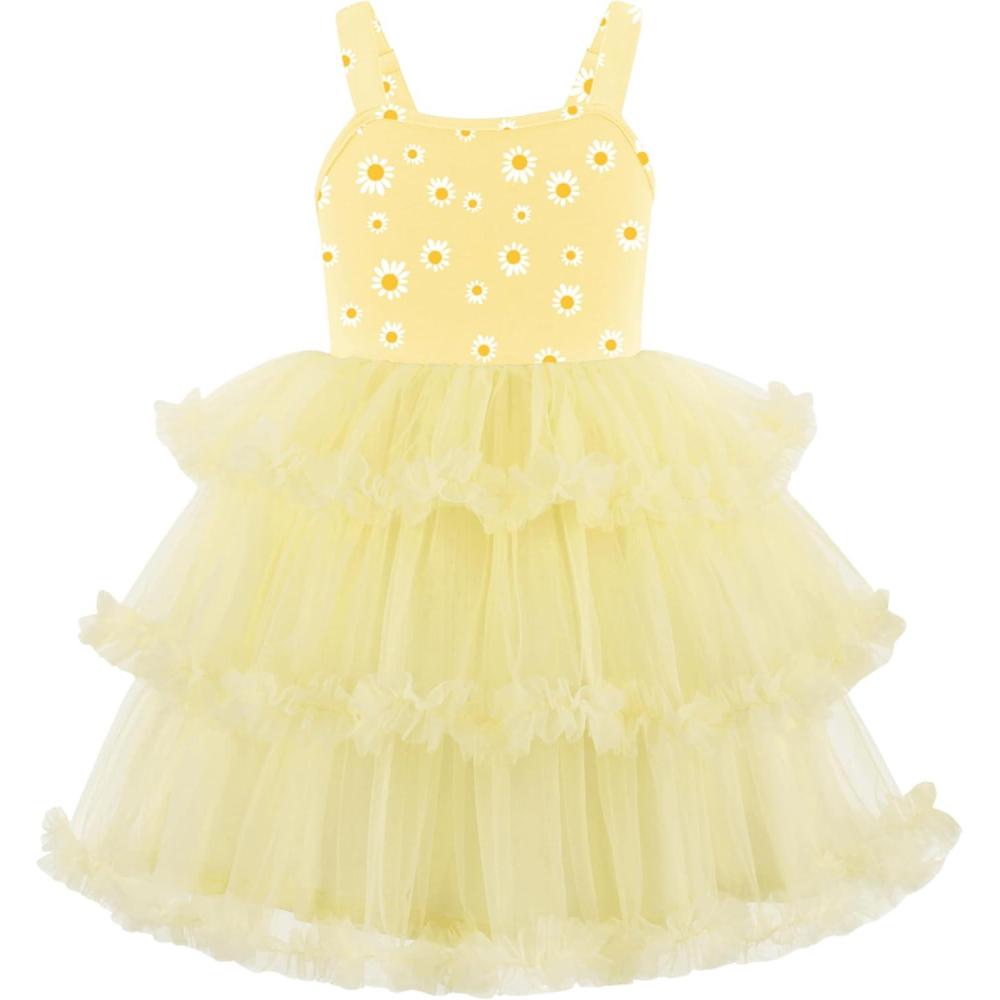 imageArshiner Toddler Girls Tulle Dress Tiered Ruffle Fluffy Spaghetti Straps Tutu Dresses Summer Clothes 28 YearsYellow Daisy