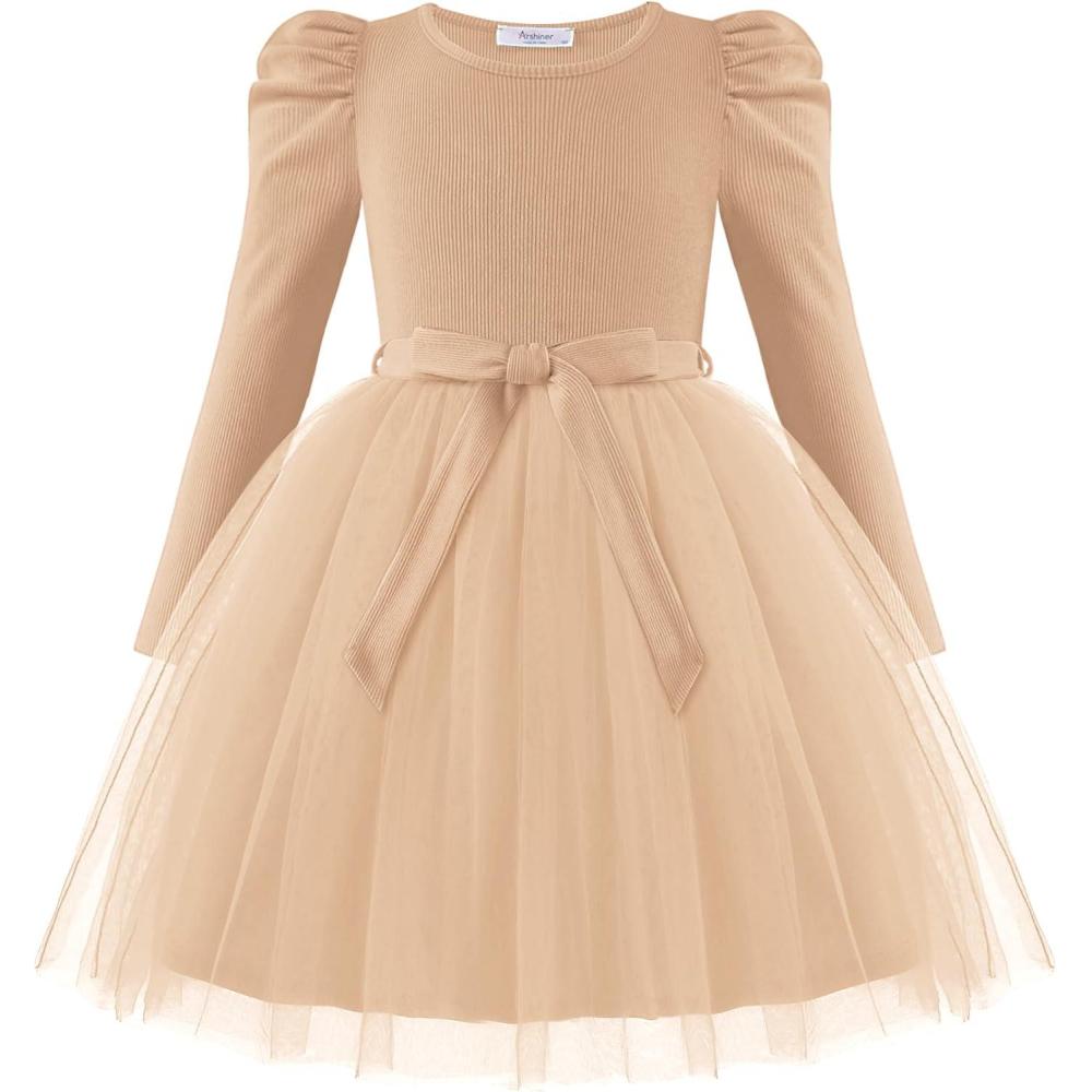imageArshiner Toddler Girls Tutu Dress Gigot Long Sleeves Fall Winter Belted Princess Party Tulle Dresses 38YBeige