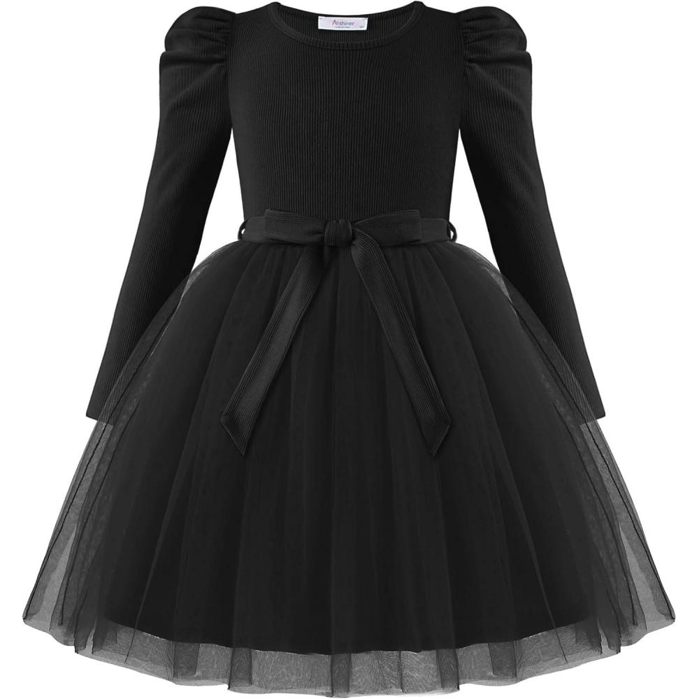 imageArshiner Toddler Girls Tutu Dress Gigot Long Sleeves Fall Winter Belted Princess Party Tulle Dresses 38YBlack