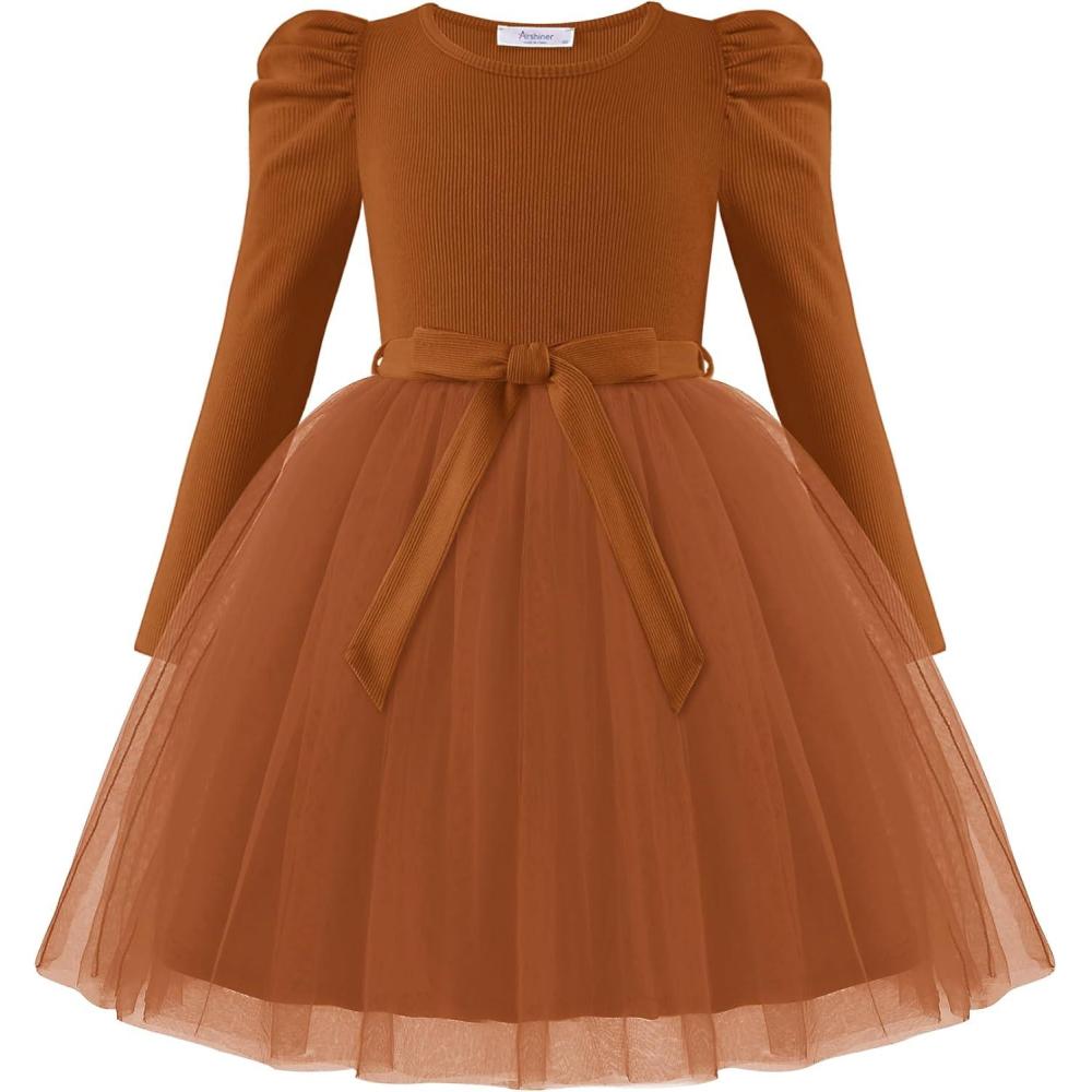 imageArshiner Toddler Girls Tutu Dress Gigot Long Sleeves Fall Winter Belted Princess Party Tulle Dresses 38YBrown