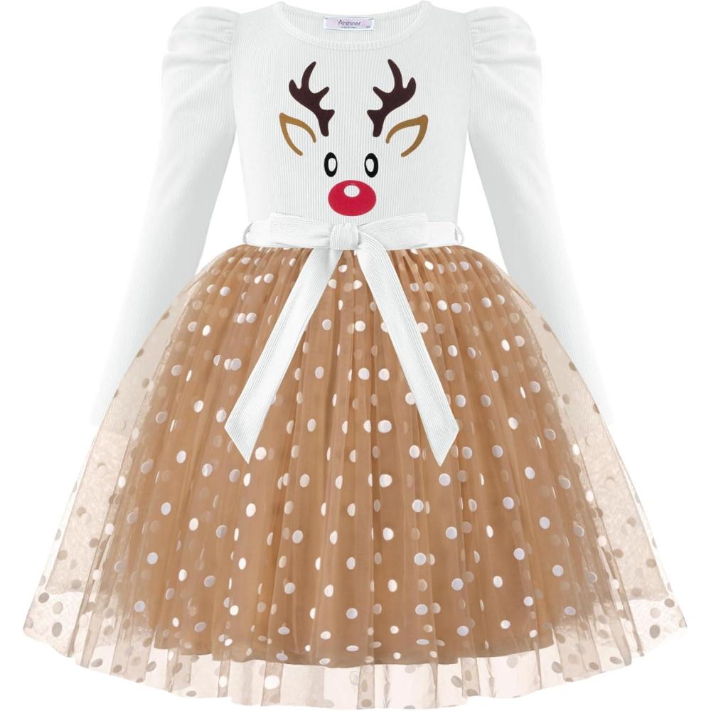 imageArshiner Toddler Girls Tutu Dress Gigot Long Sleeves Fall Winter Belted Princess Party Tulle Dresses 38YChristmas Brown Reindeer