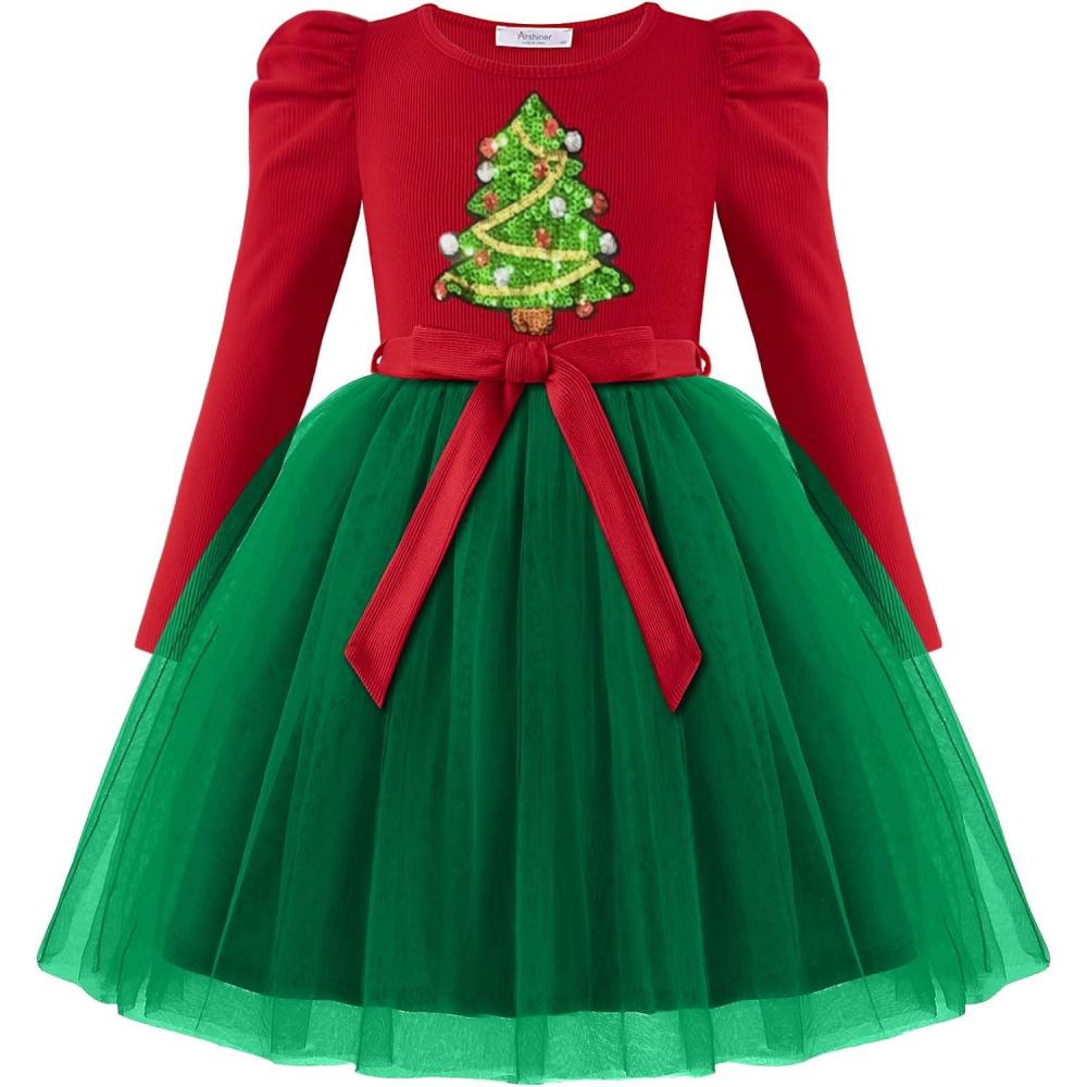 imageArshiner Toddler Girls Tutu Dress Gigot Long Sleeves Fall Winter Belted Princess Party Tulle Dresses 38YChristmas Green Tree