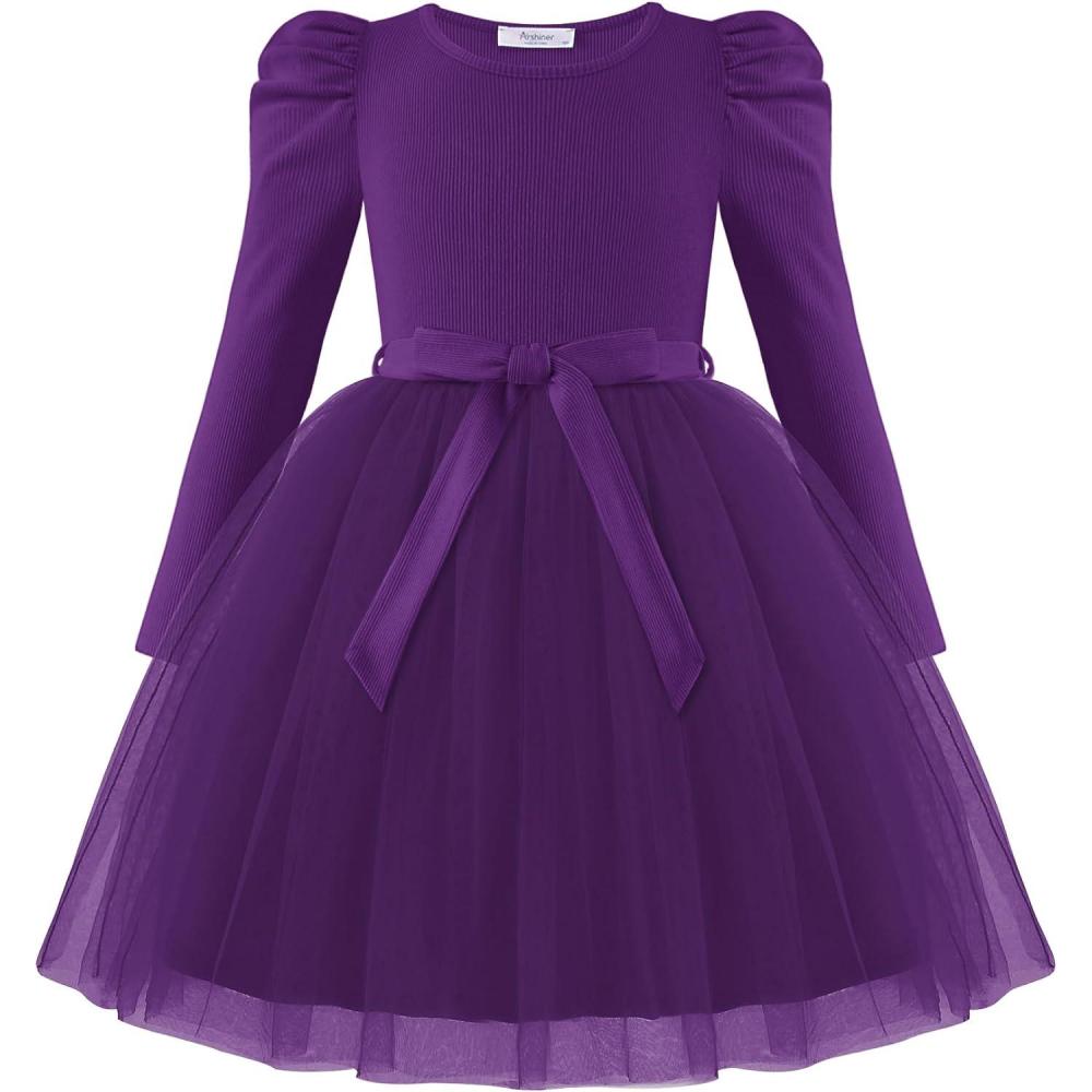 imageArshiner Toddler Girls Tutu Dress Gigot Long Sleeves Fall Winter Belted Princess Party Tulle Dresses 38YDark Purple