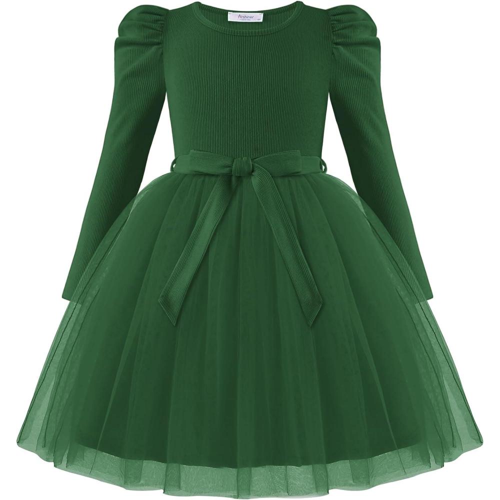 imageArshiner Toddler Girls Tutu Dress Gigot Long Sleeves Fall Winter Belted Princess Party Tulle Dresses 38YGreen