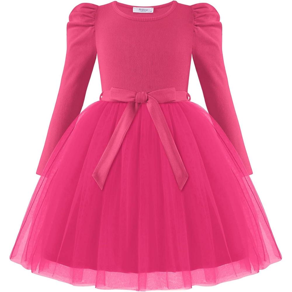 imageArshiner Toddler Girls Tutu Dress Gigot Long Sleeves Fall Winter Belted Princess Party Tulle Dresses 38YHot Pink