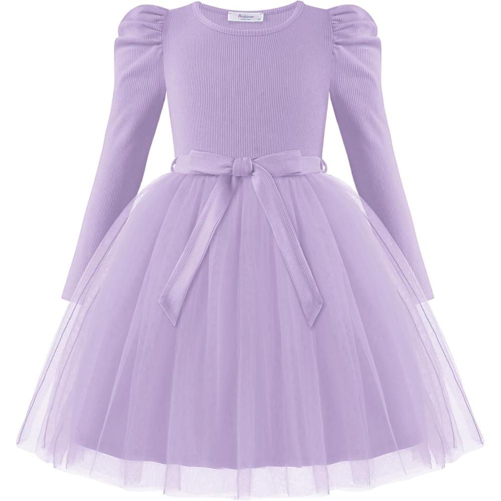 imageArshiner Toddler Girls Tutu Dress Gigot Long Sleeves Fall Winter Belted Princess Party Tulle Dresses 38YLavender