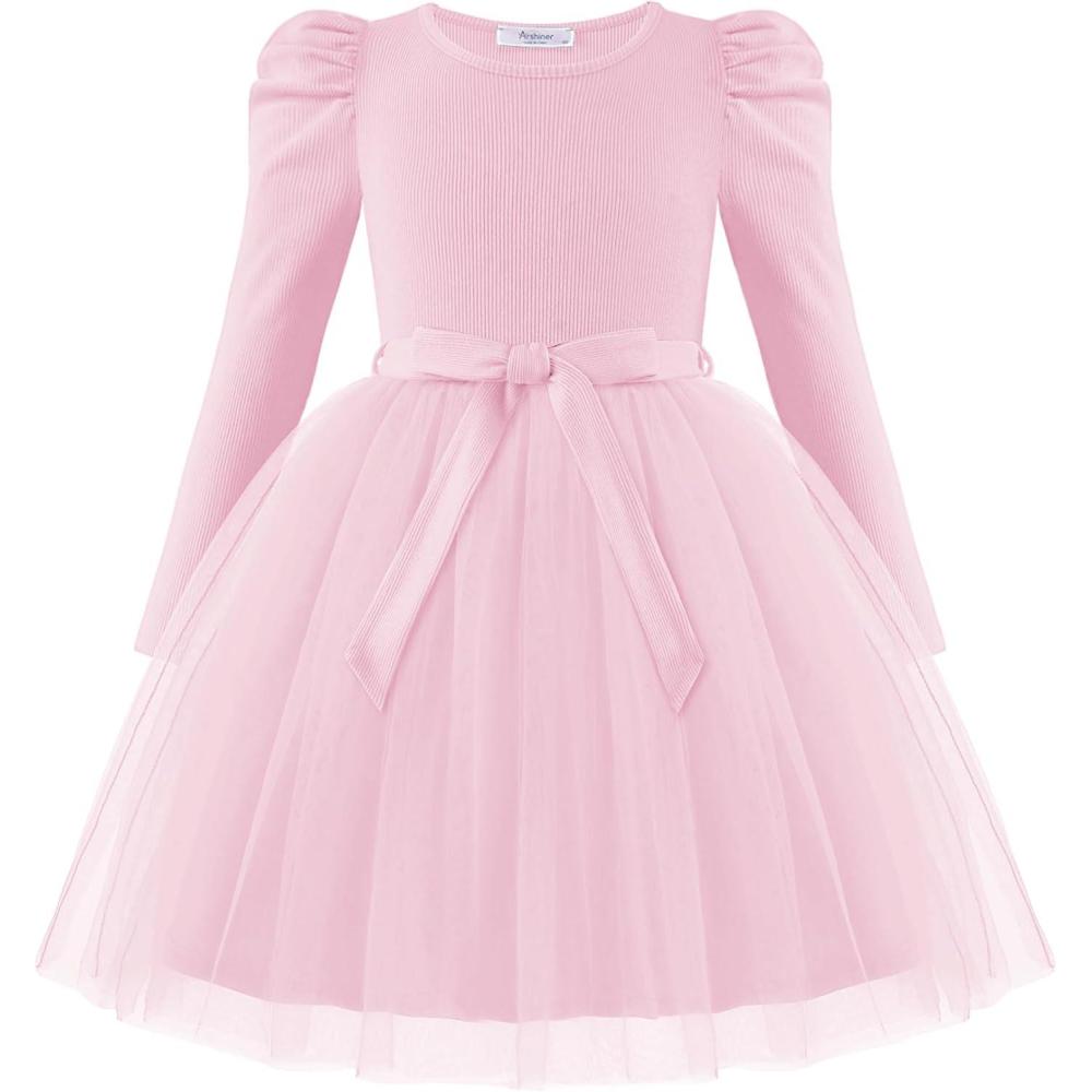 imageArshiner Toddler Girls Tutu Dress Gigot Long Sleeves Fall Winter Belted Princess Party Tulle Dresses 38YPink