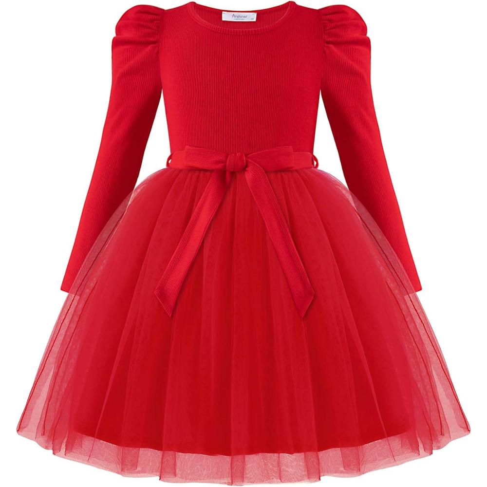 imageArshiner Toddler Girls Tutu Dress Gigot Long Sleeves Fall Winter Belted Princess Party Tulle Dresses 38YRed
