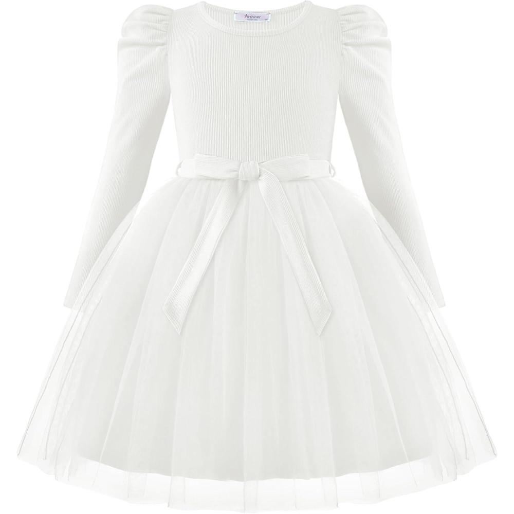 imageArshiner Toddler Girls Tutu Dress Gigot Long Sleeves Fall Winter Belted Princess Party Tulle Dresses 38YWhite