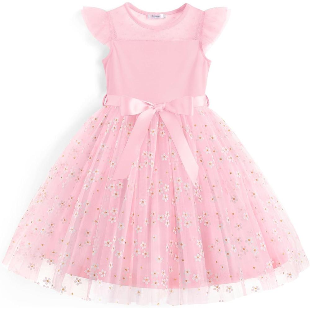 imageArshiner Toddler Girls Tutu Dress Summer Contrast Mesh Party Dresses Cute Princess Tulle Sundress with Belt 28YPink Flower