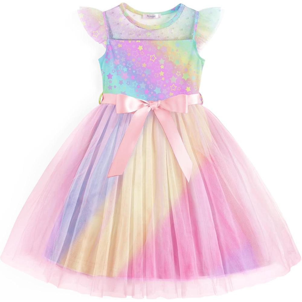 imageArshiner Toddler Girls Tutu Dress Summer Contrast Mesh Party Dresses Cute Princess Tulle Sundress with Belt 28YRainbow Star