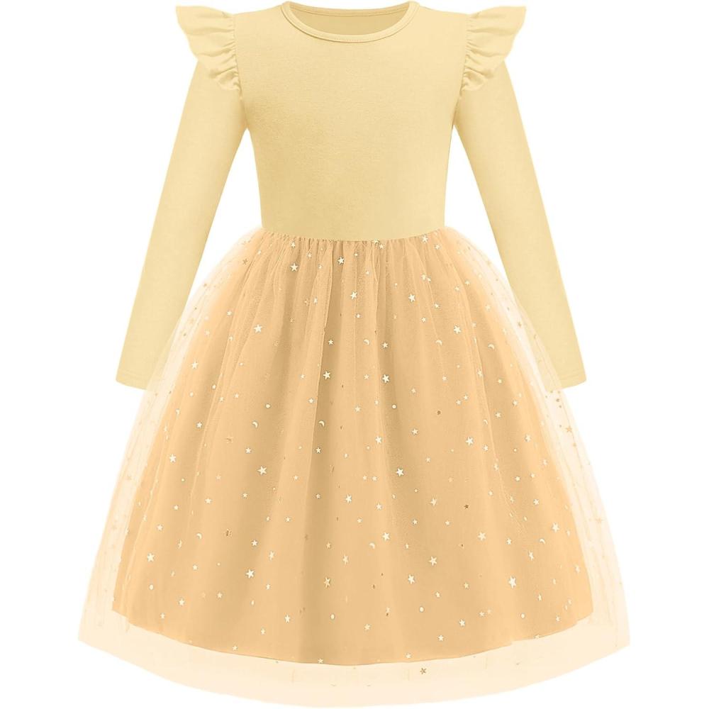 imageArshiner Toddler Girls Tutu Dresses Long Sleeve Ruffle Fall Winter Holiday Star Sequin Tulle Dress 26YBeige