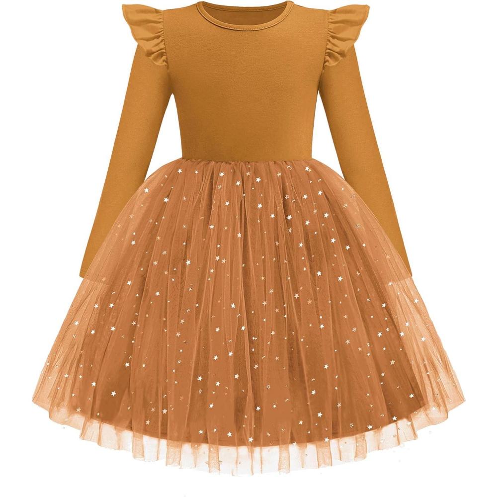 imageArshiner Toddler Girls Tutu Dresses Long Sleeve Ruffle Fall Winter Holiday Star Sequin Tulle Dress 26YBrown