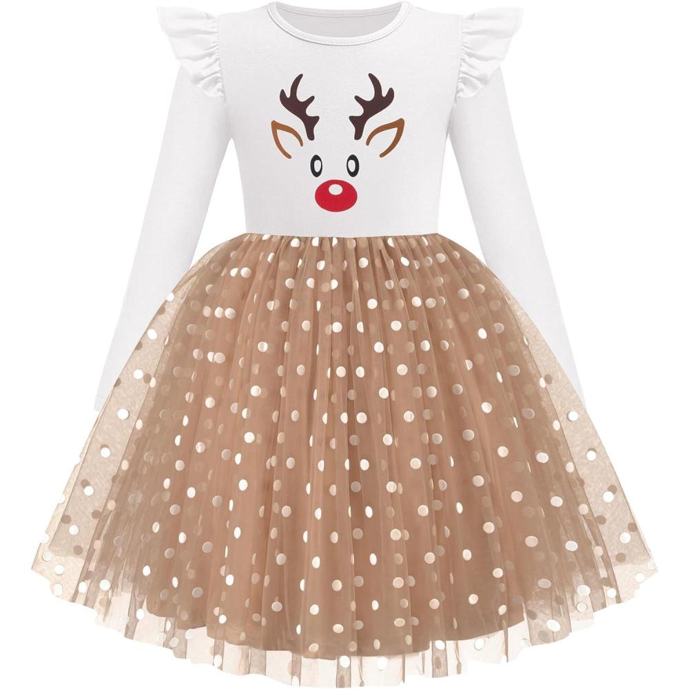imageArshiner Toddler Girls Tutu Dresses Long Sleeve Ruffle Fall Winter Holiday Star Sequin Tulle Dress 26YChristams Deer
