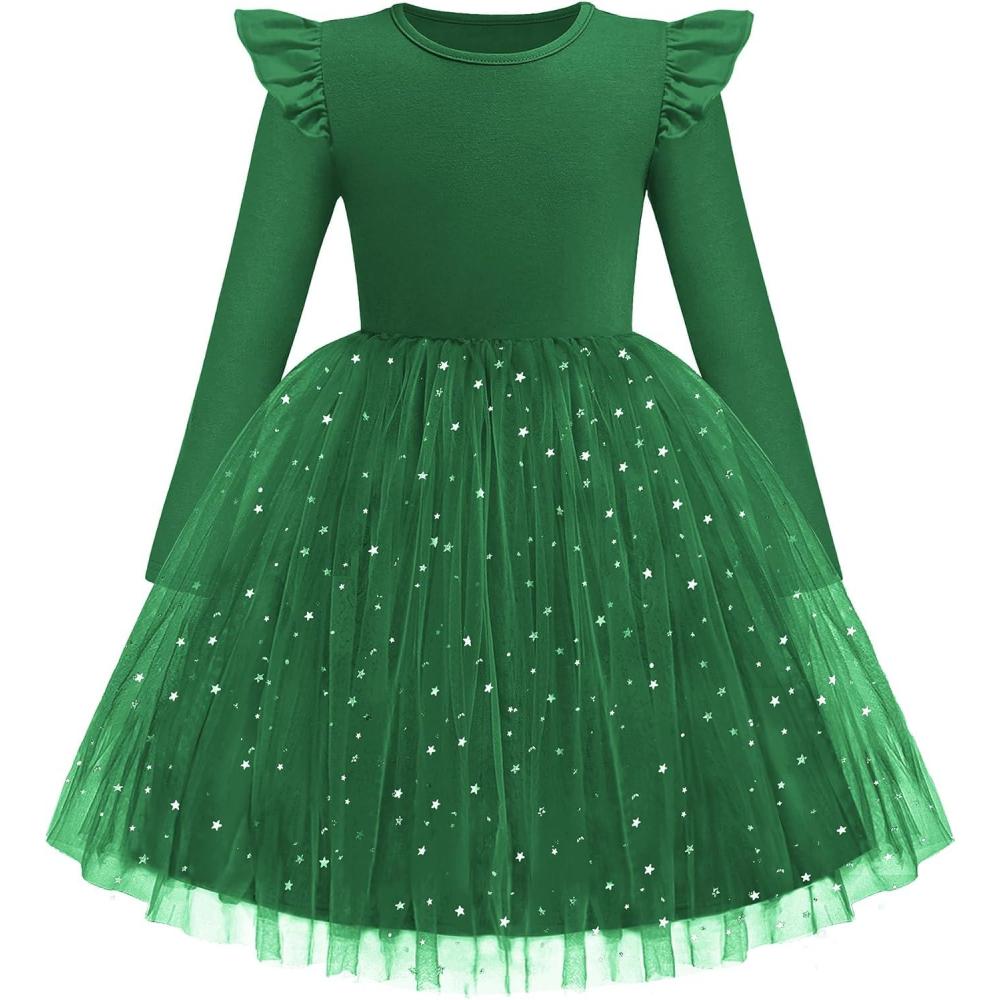 imageArshiner Toddler Girls Tutu Dresses Long Sleeve Ruffle Fall Winter Holiday Star Sequin Tulle Dress 26YDark Green