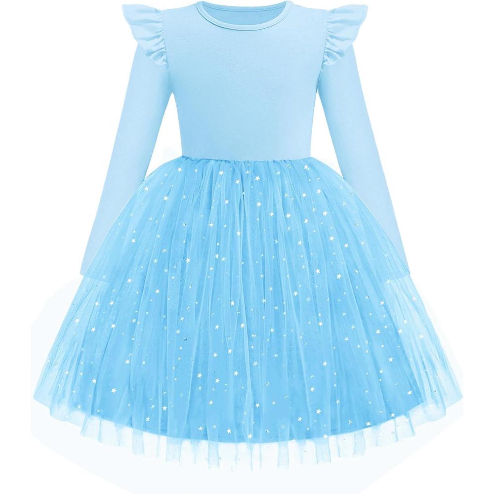 imageArshiner Toddler Girls Tutu Dresses Long Sleeve Ruffle Fall Winter Holiday Star Sequin Tulle Dress 26YLight Blue
