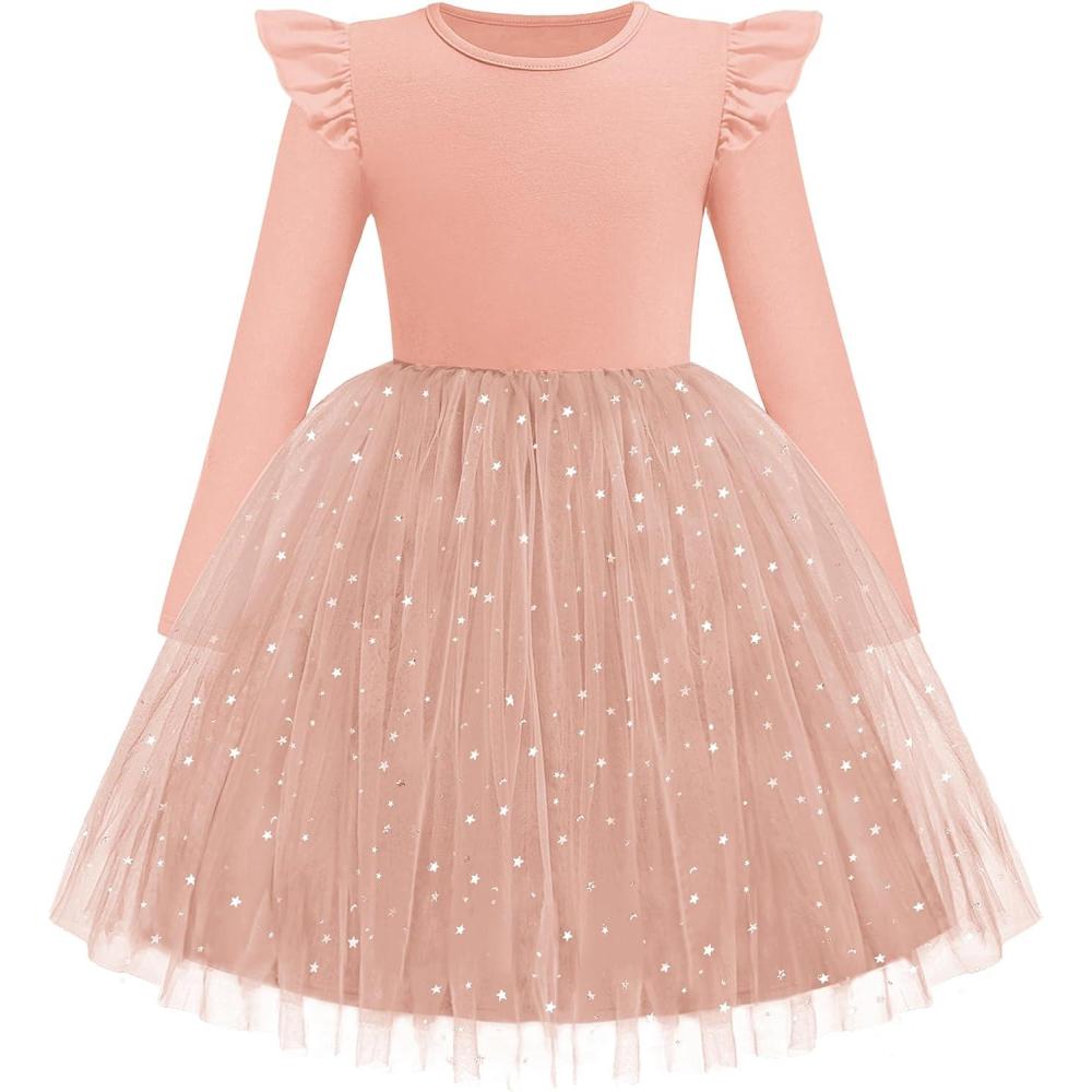 imageArshiner Toddler Girls Tutu Dresses Long Sleeve Ruffle Fall Winter Holiday Star Sequin Tulle Dress 26YPink