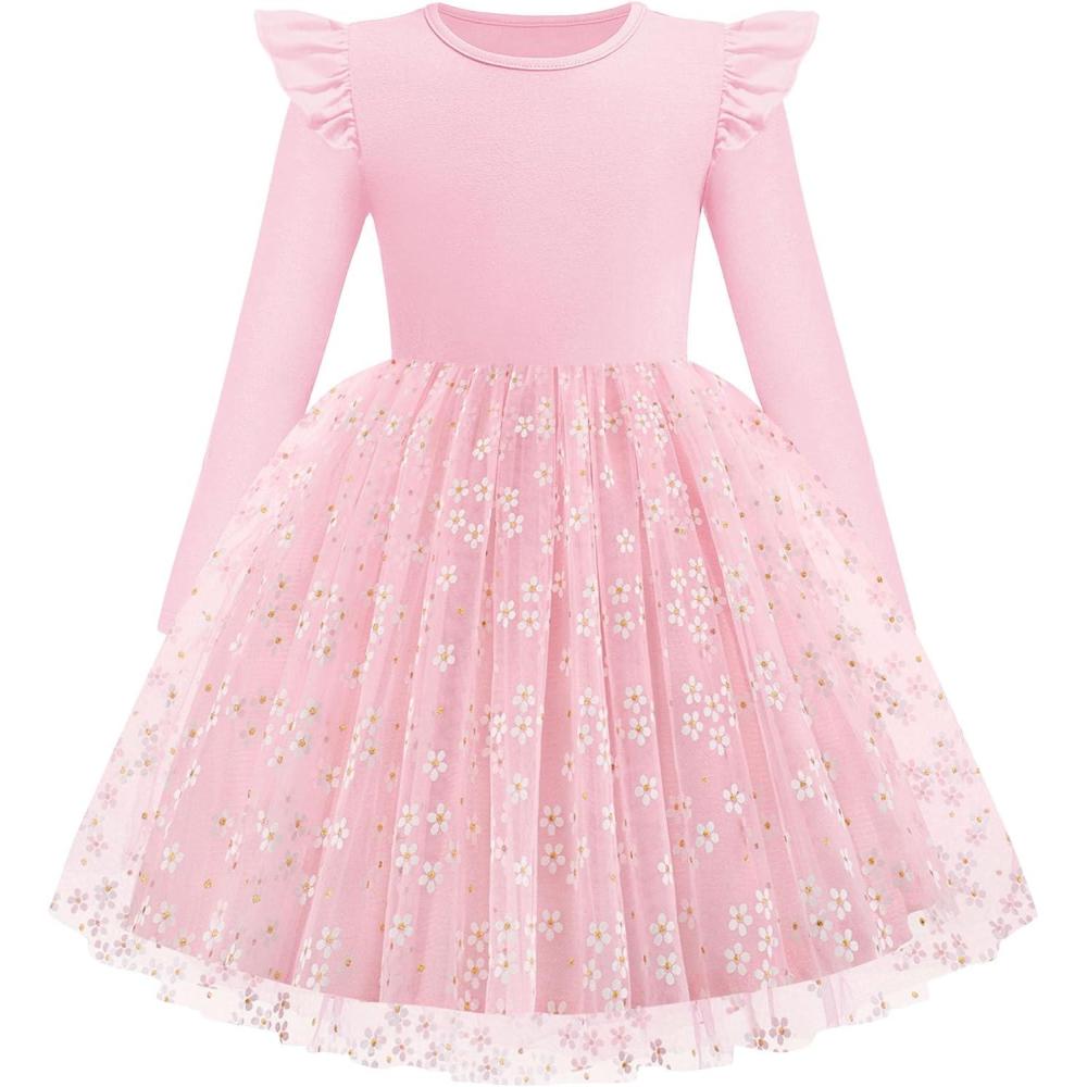 imageArshiner Toddler Girls Tutu Dresses Long Sleeve Ruffle Fall Winter Holiday Star Sequin Tulle Dress 26YPink Daisy