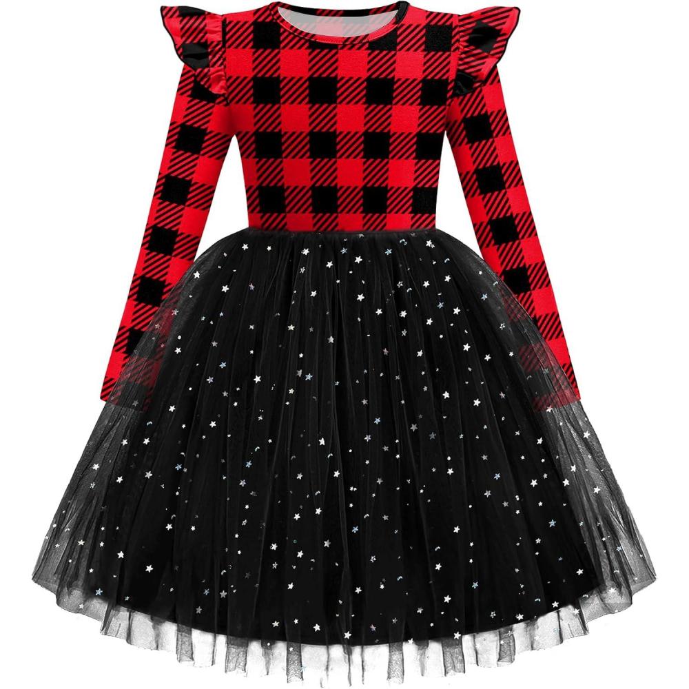 imageArshiner Toddler Girls Tutu Dresses Long Sleeve Ruffle Fall Winter Holiday Star Sequin Tulle Dress 26YRedBlack Plaid