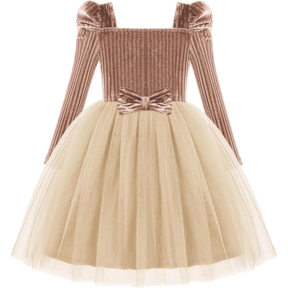 imageArshiner Toddler Girls Velvet Dresses Square Neck Fall Winter Long Sleeves Dress for Holiday Party 38YChampagne