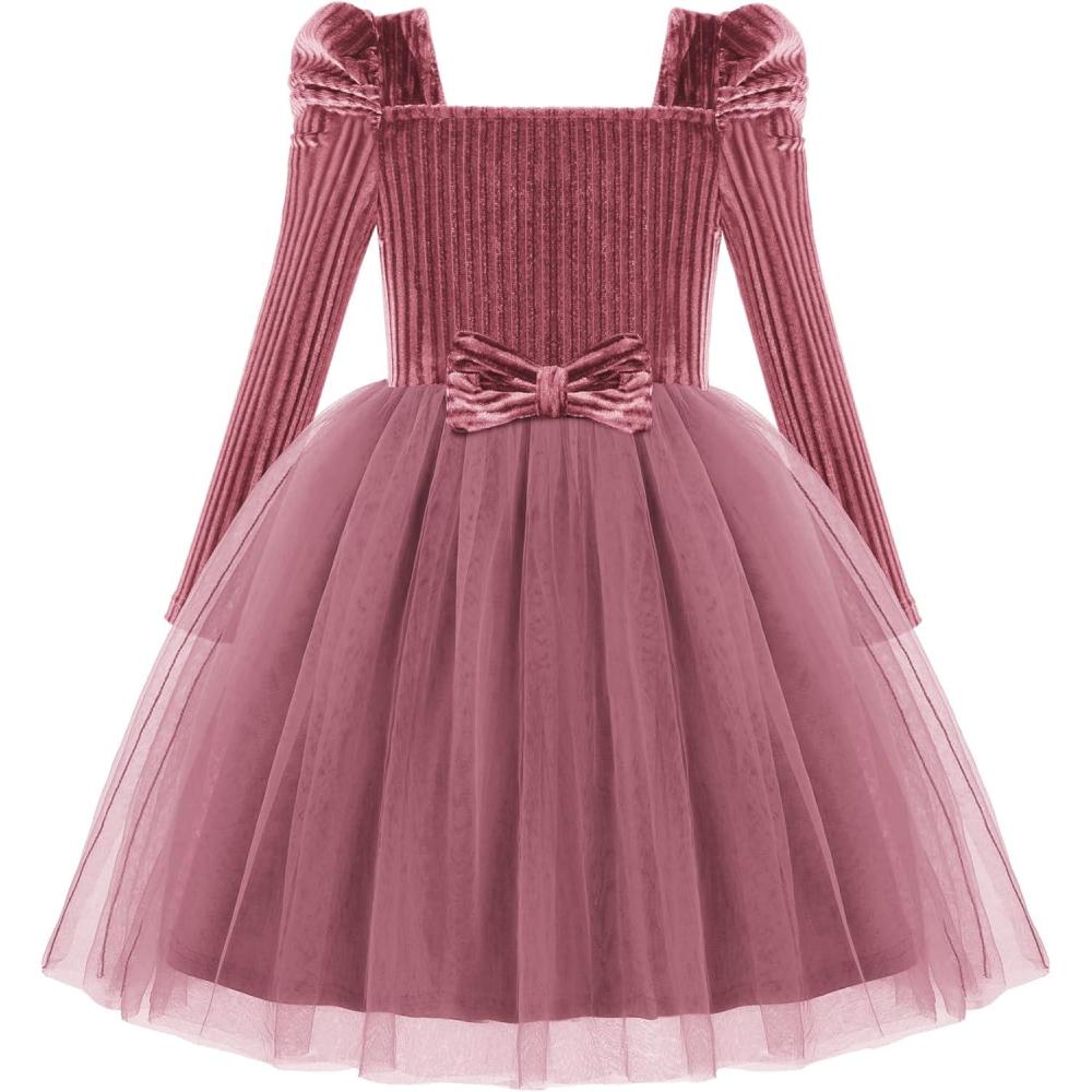 imageArshiner Toddler Girls Velvet Dresses Square Neck Fall Winter Long Sleeves Dress for Holiday Party 38YDeep Pink