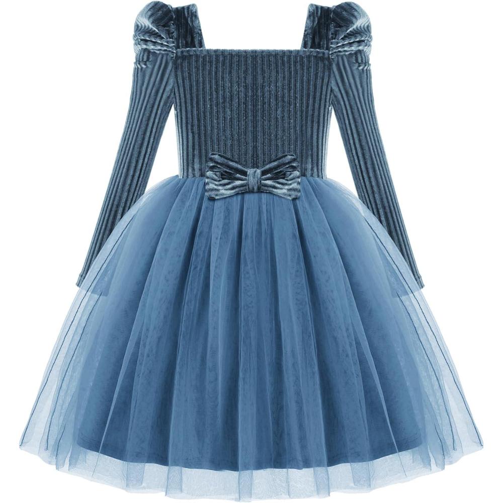 imageArshiner Toddler Girls Velvet Dresses Square Neck Fall Winter Long Sleeves Dress for Holiday Party 38YDusty Blue