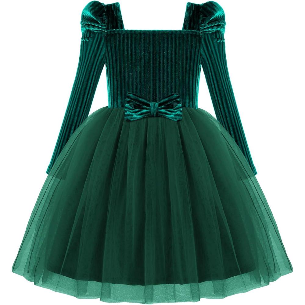 imageArshiner Toddler Girls Velvet Dresses Square Neck Fall Winter Long Sleeves Dress for Holiday Party 38YGreen