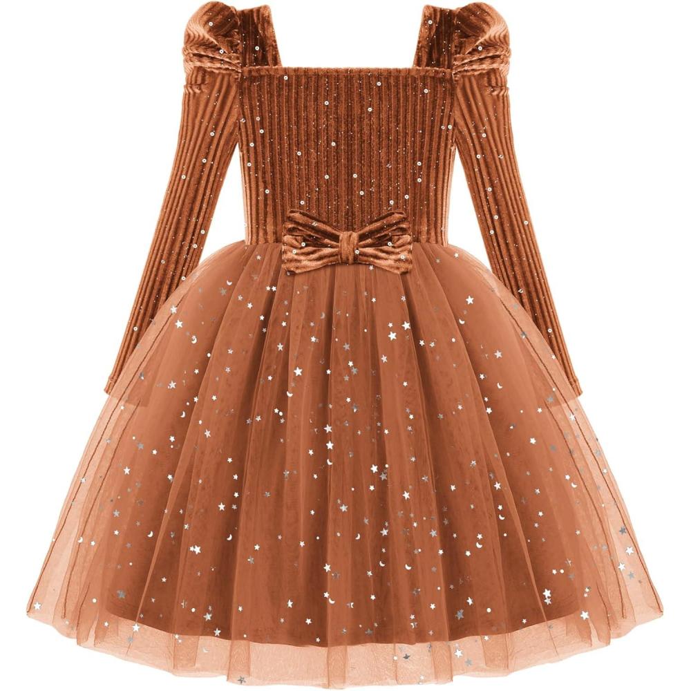imageArshiner Toddler Girls Velvet Dresses Square Neck Fall Winter Long Sleeves Dress for Holiday Party 38YLight Brown