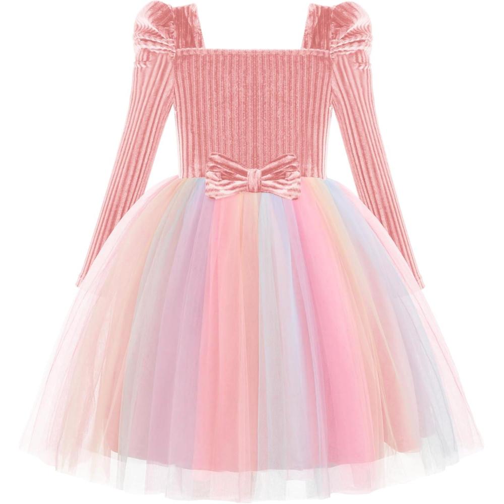 imageArshiner Toddler Girls Velvet Dresses Square Neck Fall Winter Long Sleeves Dress for Holiday Party 38YLight Pink
