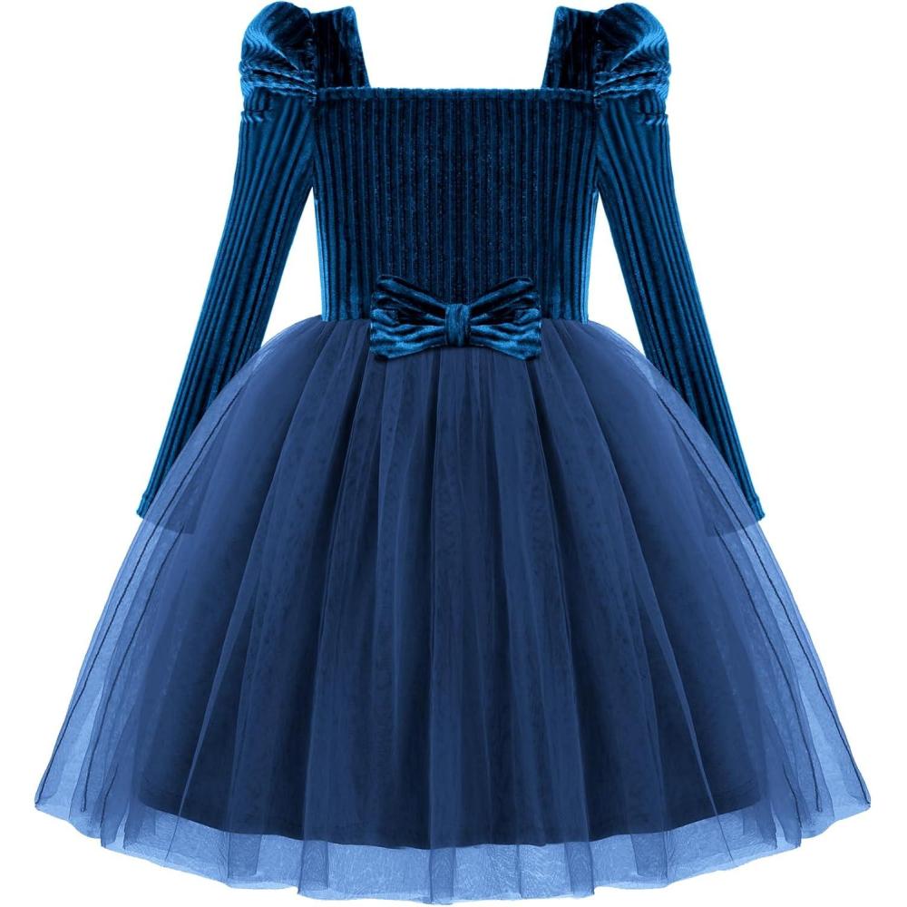 imageArshiner Toddler Girls Velvet Dresses Square Neck Fall Winter Long Sleeves Dress for Holiday Party 38YNavy Blue