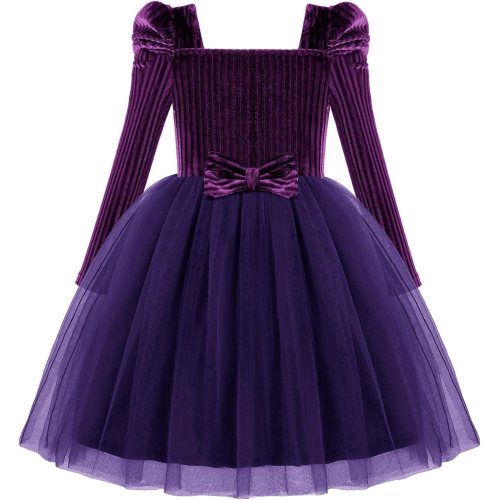 imageArshiner Toddler Girls Velvet Dresses Square Neck Fall Winter Long Sleeves Dress for Holiday Party 38YPurple