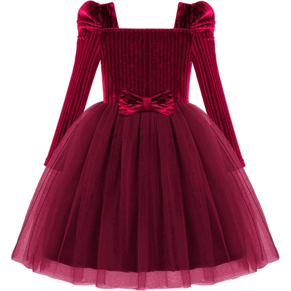 imageArshiner Toddler Girls Velvet Dresses Square Neck Fall Winter Long Sleeves Dress for Holiday Party 38YWine Red
