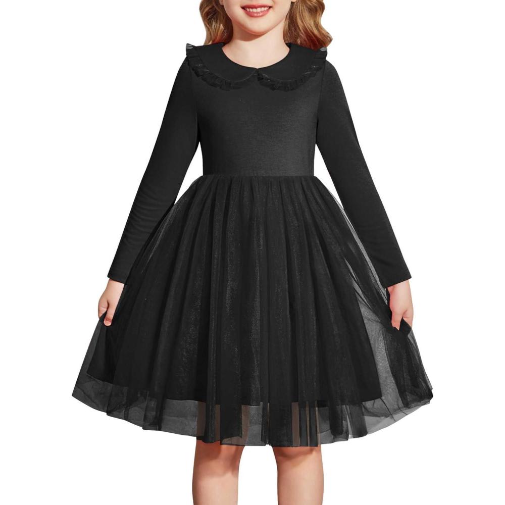 imageArshiner Toddler Tutu Dress Girls Long Sleeve Fall Winter Peter Pan Collar Party Tulle Dresses for 26YBlack