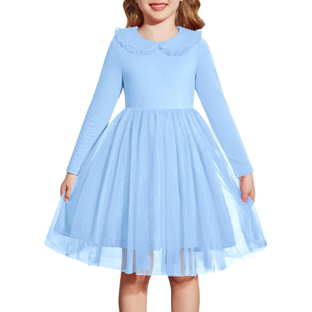 imageArshiner Toddler Tutu Dress Girls Long Sleeve Fall Winter Peter Pan Collar Party Tulle Dresses for 26YBlue
