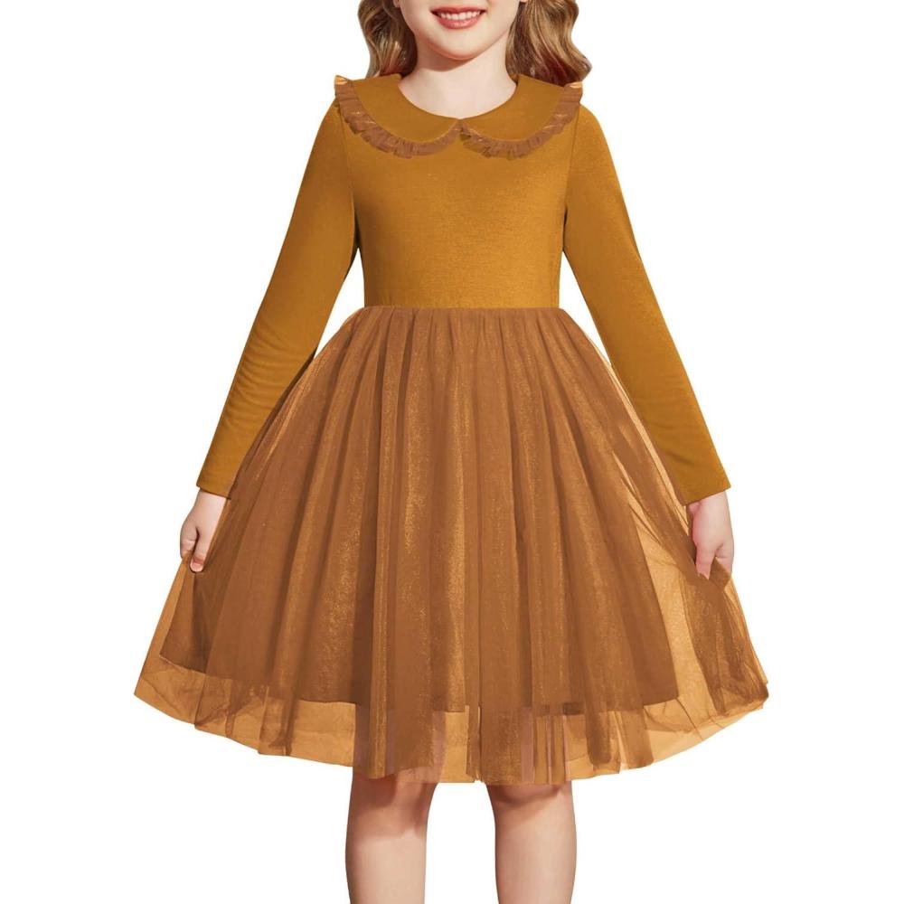 imageArshiner Toddler Tutu Dress Girls Long Sleeve Fall Winter Peter Pan Collar Party Tulle Dresses for 26YBrown