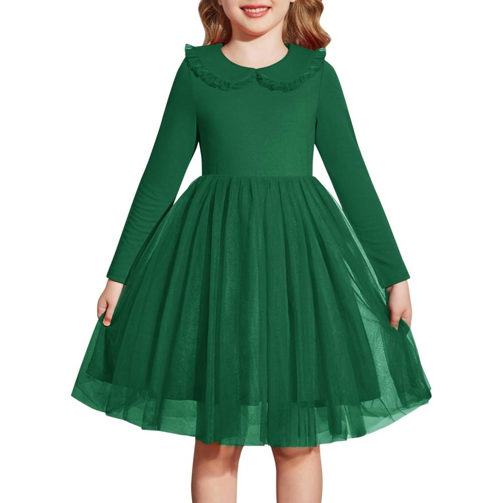 imageArshiner Toddler Tutu Dress Girls Long Sleeve Fall Winter Peter Pan Collar Party Tulle Dresses for 26YGreen